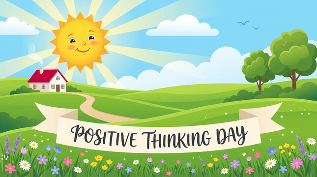 Positive Thinking Day countryside smiling sun green hills red-roof house colorful flowers cheerful landscape optimism happiness celebration inspiration joy wellness   generative ai