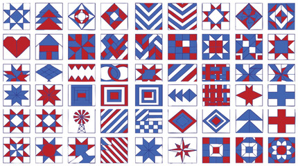 Obraz premium Red White and Blue Geometric Pattern Collection – Decorative Tile Set