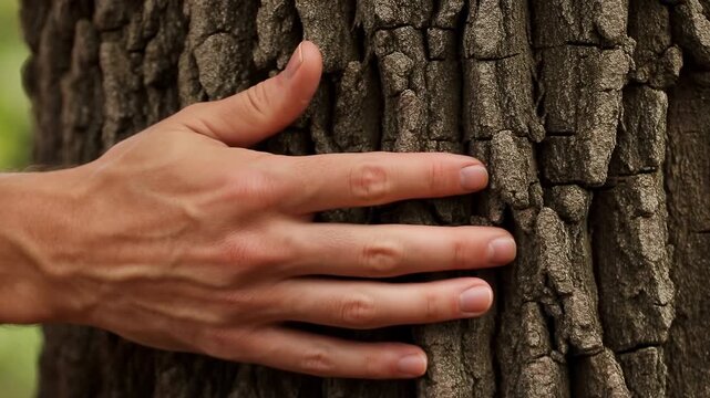 Human hand pressing rugged tree bark in warm daylight, showing deep fissures, chunky ridges, natural texture, soft forest background, shallow focus and organic detail