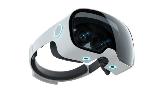 Futuristic white virtual reality headset with glowing blue lights, isolated on transparent background