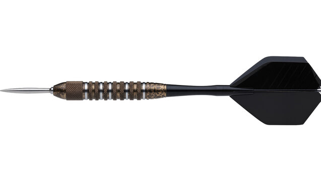 Metal dart with textured grip and black flight, isolated on transparent background