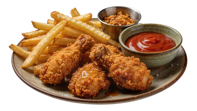 Crispy fried chicken drumsticks with french fries and ketchup, isolated on transparent background