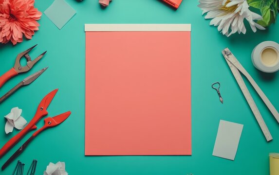 Crafting tools and floral decorations surround a blank coral-colored paper on a vibrant turquoise background, offering ample space for text or design
