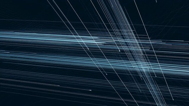 Futuristic cyan data field with intersecting streaks forming converging directional planes across dark navy grid and creating sharp depth, contrast, and high-tech abstract motion