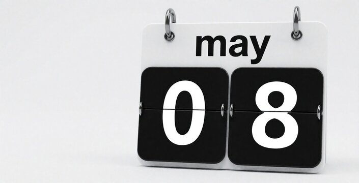 White flip calendar shows May 08 date on plain background. Minimalist desk planner displays monthly schedule, important deadline. Close up 3d render of date organizer for time management, event