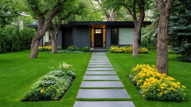 Modern architecture of a stylish home surrounded by lush green grass, vibrant flowers, and well-maintained landscaping in a serene outdoor setting