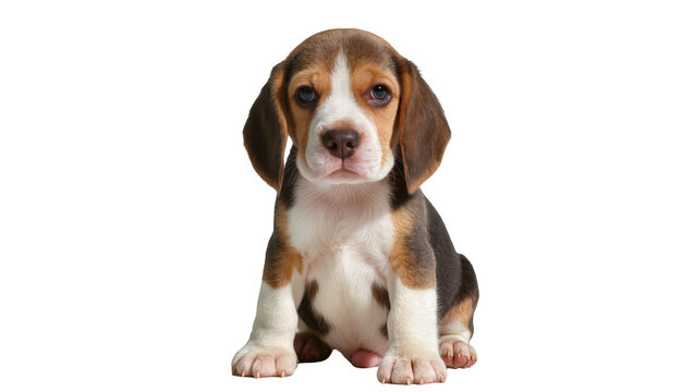 Cute tri-color beagle puppy sitting attentively, isolated on transparent background