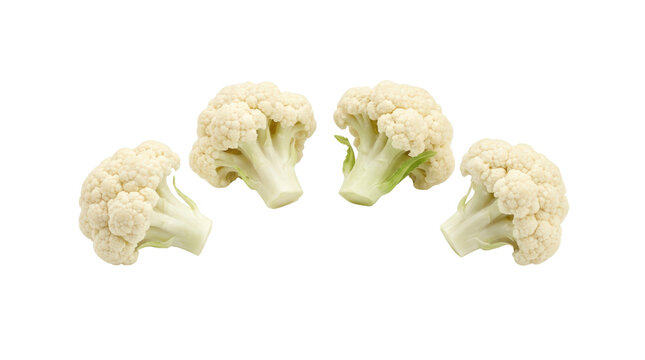 Four Cauliflower Florets Isolated on White Background.