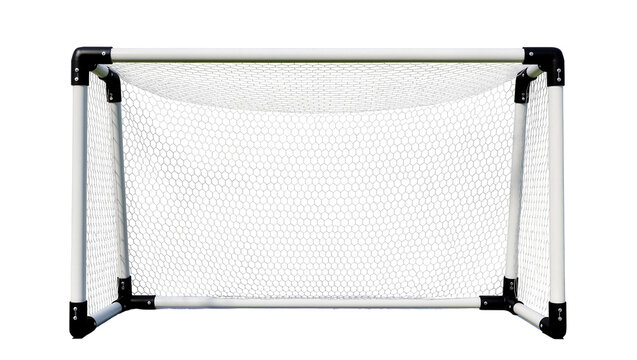 White metal soccer goal with black connectors and netting, isolated on transparent background