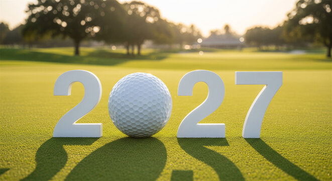 New Year 2027 golf concept with white numbers on green grass, golf ball representing zero on a sunny course, sports tournament banner