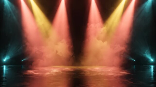 Dynamic Stage Lighting With Colorful Spotlights and Atmospheric Smoke Effects
