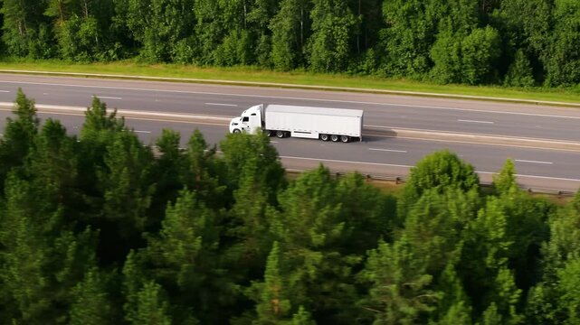 White semi truck driving along divided highway beside dense forest, viewed from elevated oblique aerial angle with treetops framing road and long stretch of travel ahead