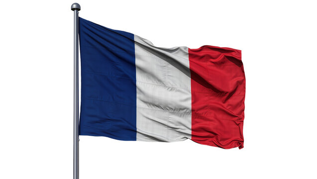 Waving French flag with blue white and red stripes, isolated on transparent background