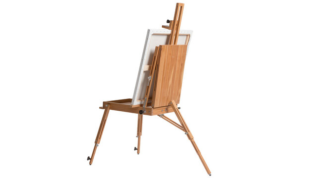 Wooden artist easel with blank canvas, isolated on transparent background
