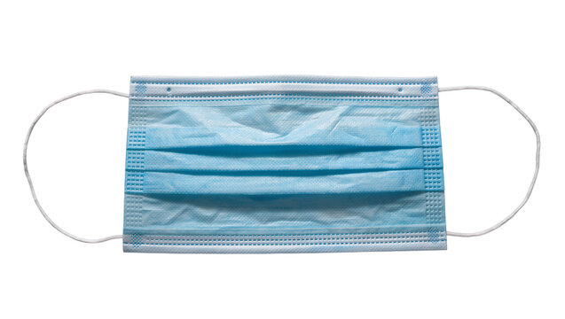 Blue pleated disposable face mask with elastic ear loops, isolated on transparent background