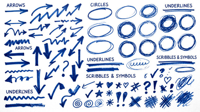 Colecci&oacute;n de elementos gr&aacute;ficos dibujados a mano con marcador azul sobre fondo transparente: flechas, c&iacute;rculos, rayas, estrellas y s&iacute;mbolos para edici&oacute;n de video.