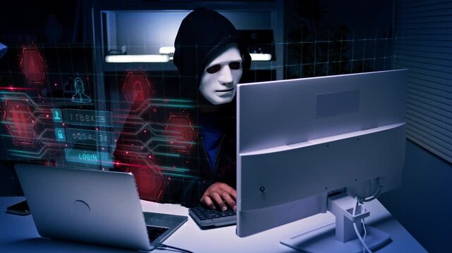 Anonymous hacker wearing mask sitting at desk with laptop and monitor in dark room. cybersecurity concept for it security campaigns, data breach prevention, and technology blogs.	