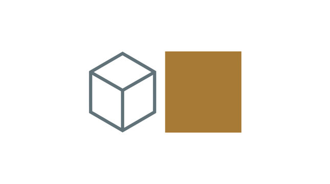 Minimalist geometric illustration of 3D cube wireframe and flat square