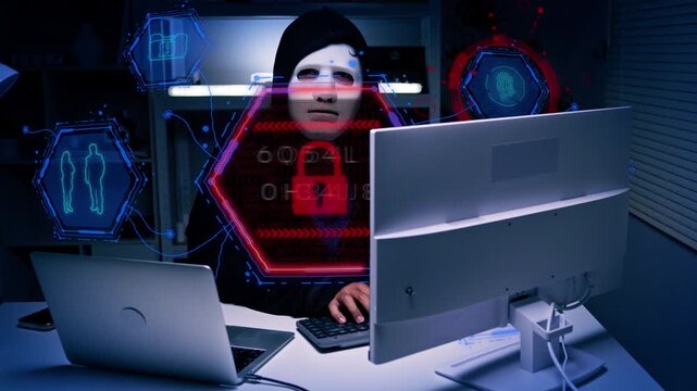 Anonymous hacker wearing mask sitting at desk with laptop and monitor in dark room. cybersecurity concept for it security campaigns, data breach prevention, and technology blogs.	