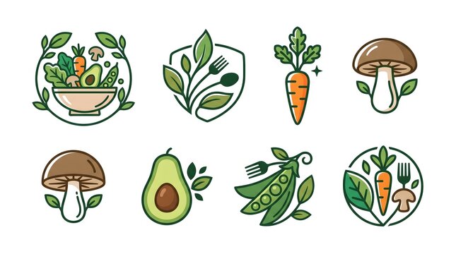 A set of minimalist healthy food and vegan lifestyle vector logos and icons featuring fresh salad bowls