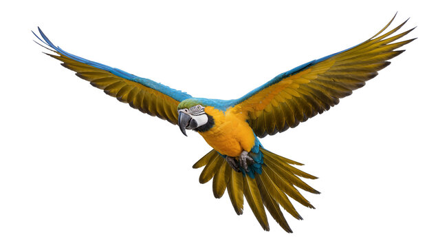 Blue and yellow macaw parrot with wings spread, isolated on transparent background