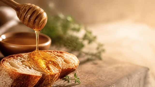 golden natural honey slowly being poured from a wooden honey dipper onto warm artisan bread
