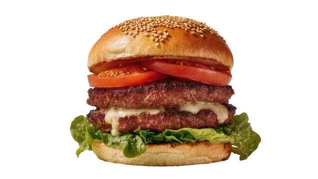 Double beef patty burger with lettuce tomato and sauce, isolated on transparent background