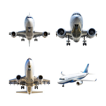 Four views of a passenger airplane isolated on transparent background