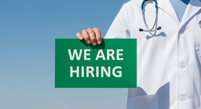 Medical recruitment concept with doctor holding we are hiring sign, healthcare professional seeking new staff, clinical job vacancy announcement
