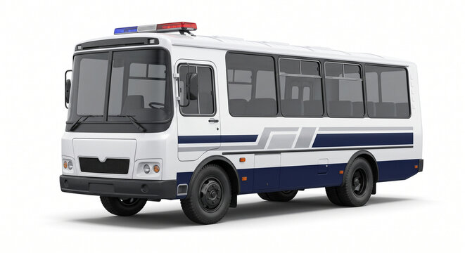 Police transport bus with emergency lights, white law enforcement shuttle vehicle, security patrol van for prisoner or officer transit