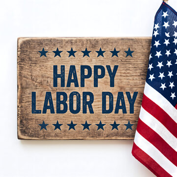 Happy labor day greeting with rustic wood sign and american flag background
