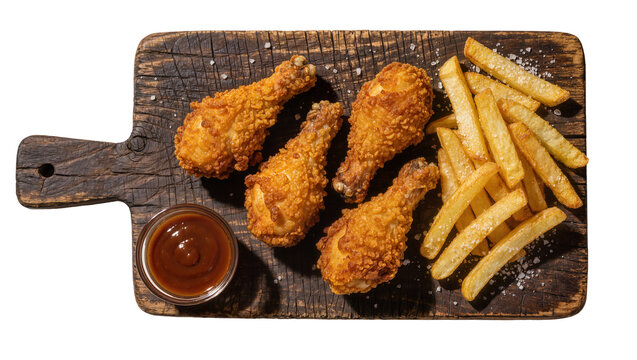 Crispy golden fried chicken drumsticks and french fries with dipping sauce, isolated on transparent background