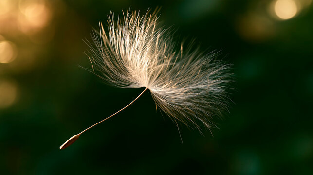 delicate floating dandelion seed with soft golden light and green bokeh concept for nature wellness mindfulness and environmental inspiration with copyspace
