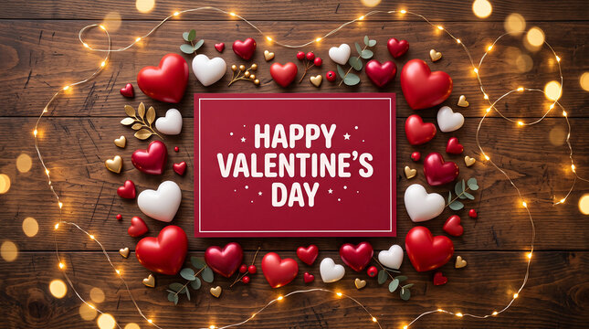 Happy Valentine&rsquo;s Day festive card red hearts pink ornaments fairy lights rustic wooden background love celebration romance affection cozy inspiration   generative ai