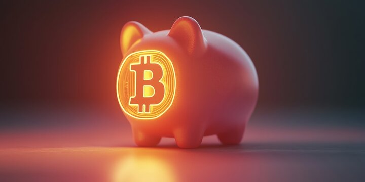 Pink piggy bank with a glowing golden Bitcoin symbol representing cryptocurrency investment and digital wealth.