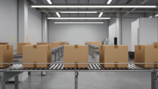 Cardboard Boxes Moving on Automated Conveyor Belt in Modern Factory