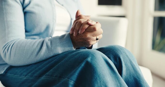 Arthritis, old woman or hands in home with stretching, joint tension or discomfort in muscle pain. Retirement, tendinitis and senior person with ache, chronic condition and osteoporosis in lounge.