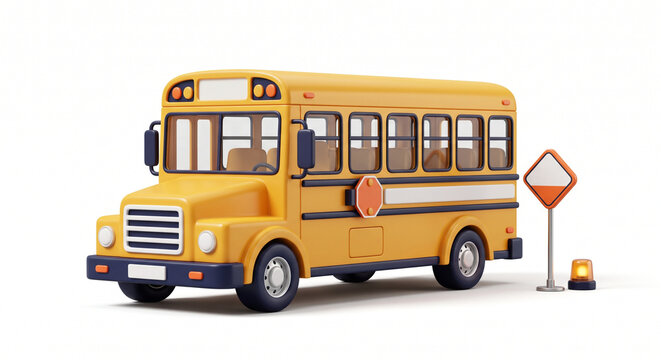 Yellow school bus 3D icon, miniature toy bus with stop sign, educational transport vehicle on white background
