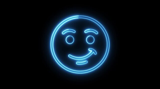 Glowing blue neon emoji face with smirking expression on black background