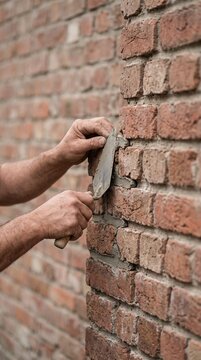 Hands holding a trowel repairing old rustic bricks with fresh mortar demonstrating heritage restoration masonry skills and traditional construction techniques