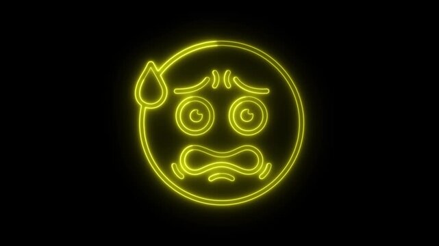 Glowing yellow neon anxious sweat emoji face on black background