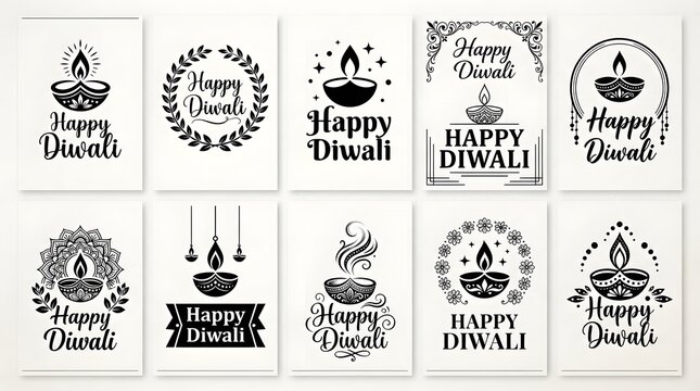 Set of ten elegant happy diwali greeting card designs with traditional diya lamp illustrations and decorative floral frames in black and white