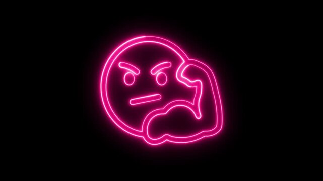 Glowing pink neon strong emoji sign with flexed bicep muscle icon on dark background