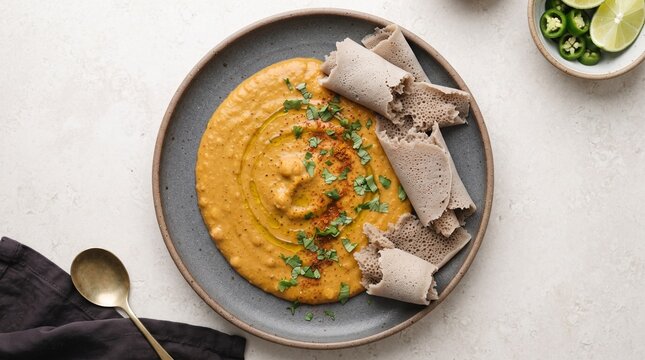 Ethiopian shiro wat vegan stew flat lay food photography image