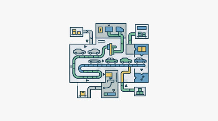 Fototapeta premium Sleek Minimalist of a Smart City Traffic System with Vehicles Roads and Buildings in Green Blue and Yellow