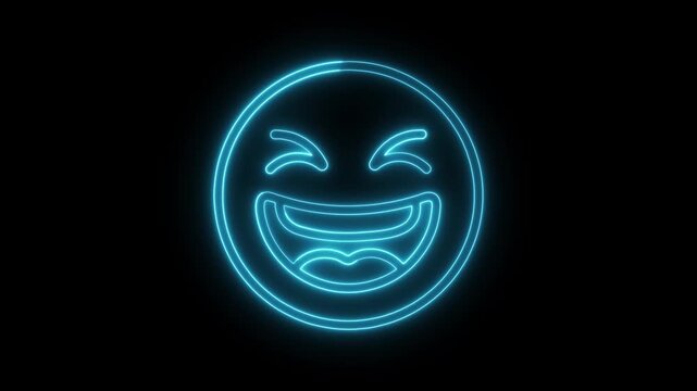 Glowing blue neon laughing emoji icon animation on dark background 