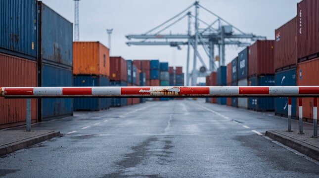 Trade restrictions and global supply chain barriers at a shipping container port