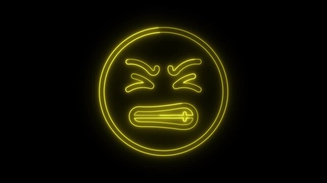 Yellow glowing neon line frustrated angry face emoji animation icon on dark background