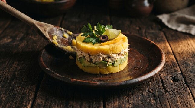 Peruvian causa rellena layered potato cookbook food photography
