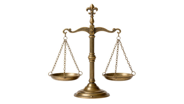 Antique brass balance scale with ornate details, isolated on transparent background